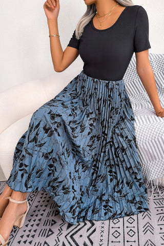 Scoop-Neck Floral Pleated Dress