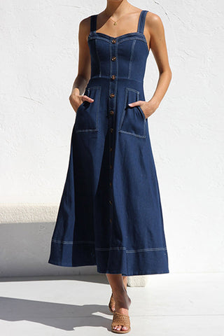 Button-Front Denim Midi Dress