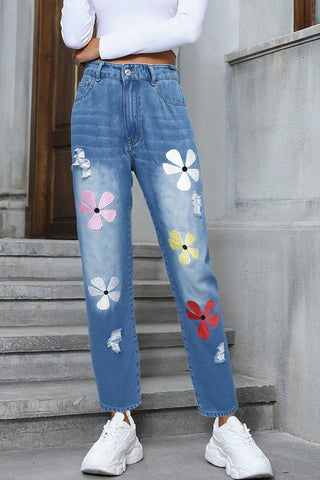 Floral Appliqué Straight Jeans