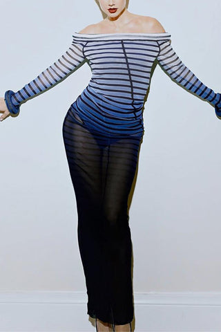 Off-Shoulder Striped Evening Dress