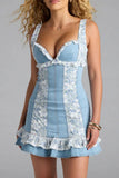 Floral Trim Denim Casual Dress