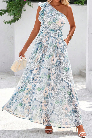 Ruffled One Shoulder Smocked Maxi Dress