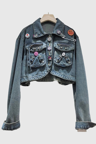 Trendy Cropped Denim Jacket with Pins