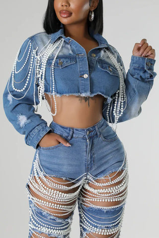 Pearl Embellished Denim Jacket