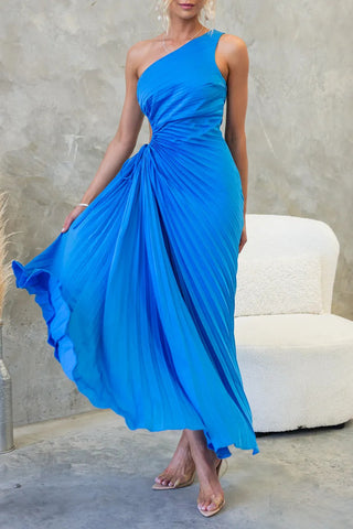 One-Shoulder Cutout Pleated Midi Dress