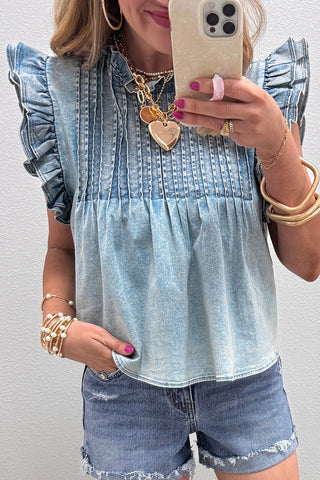 Ruffle-Sleeve Denim T-Shirt