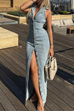 Sleeveless Denim Button-Front Dress