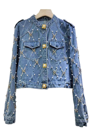 Embellished Pearl Button Denim Jacket
