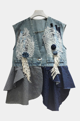 Lace Embellished Asymmetric Denim Vest