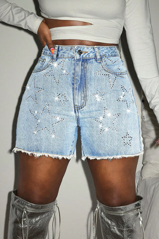 Star-Studded Frayed Hem Casual Shorts