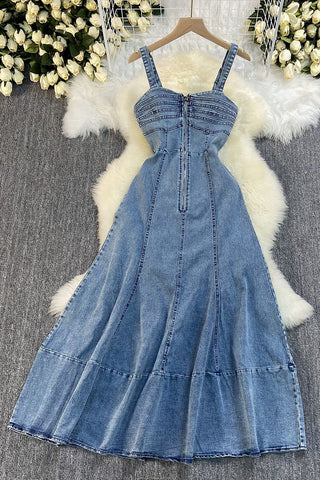 Zip-Front Denim Flared Dress