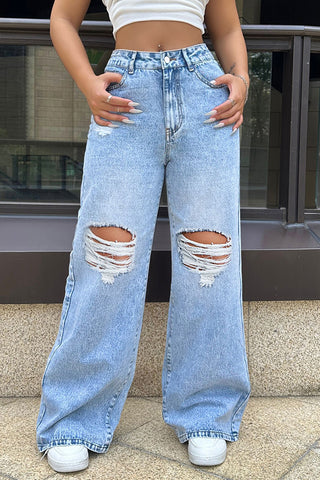Distressed High-Waist Straight Jeans