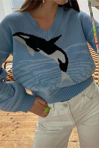 Dolphin Pattern V-Neck Sweater