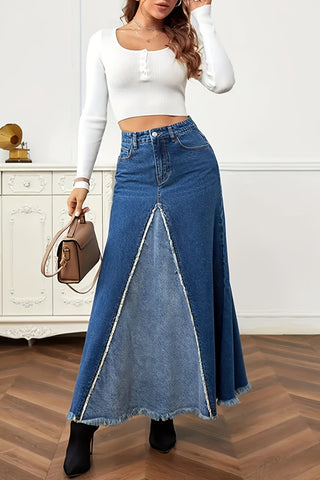 Button-Front Maxi Denim Skirt