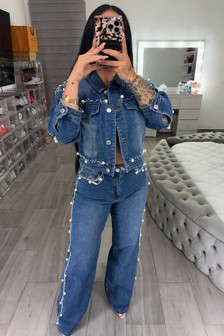 Embellished Denim Pant Set