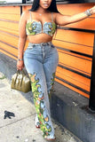 Tropical Print Denim Pants Set