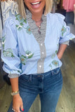 Floral Print Contrast Striped Trim  Blouse