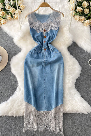 Lace-Trim Button-Front Denim Dress