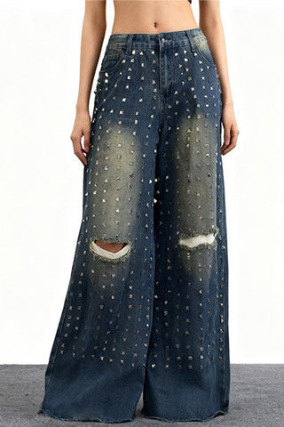 Studded Wide Leg Denim Jeans