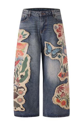 Floral Appliqué Straight Jeans