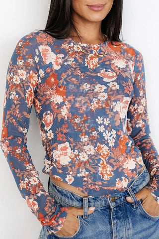 Floral Mesh Fitted Long Sleeve Top