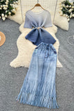 Pleated Top and Fringed Skirt Set