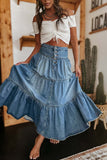 Tiered Button-Front Denim Skirt