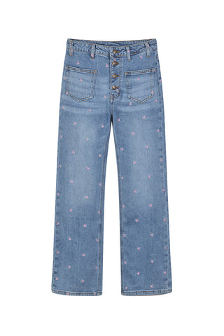Patterned Button-Front Straight Jeans
