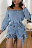 Off-Shoulder Denim Romper with Zipper Pockets