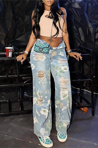 Floral Distressed Straight Jeans