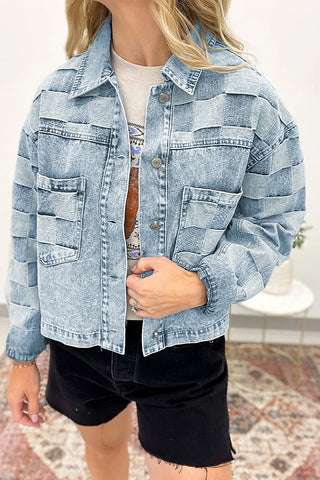Checkered Pattern Patchwork Denim Jacket