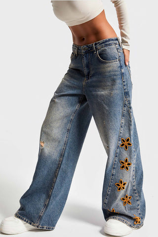 Floral Detail Wide Leg Jeans