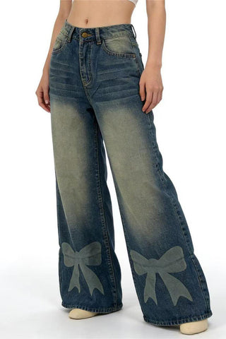 Bow-Accent Wide Leg Jeans