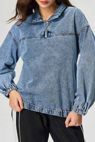 Zip-Front Denim Pullover Blouse