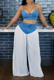 Pleated Wide-Leg Pants Set with Denim Top