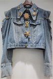 Embellished Denim Jacket with Unique Brooches