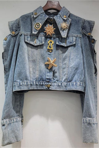 Embellished Denim Jacket with Unique Brooches
