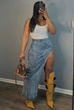 Stylish High-Slit Denim Skirt