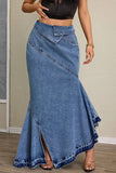 Asymmetric Hem Denim Maxi Skirt
