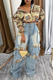 Floral Patch Pockets Wide-Leg Jeans