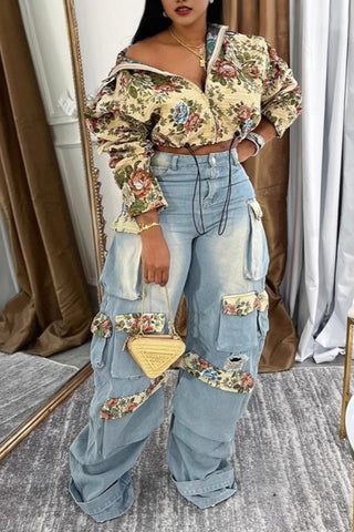 Floral Patch Pockets Wide-Leg Jeans