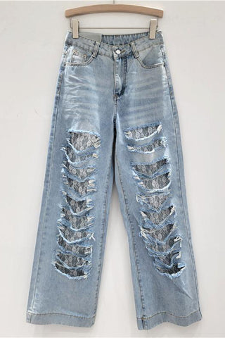 Distressed Straight-Leg Jeans with Lace Insert