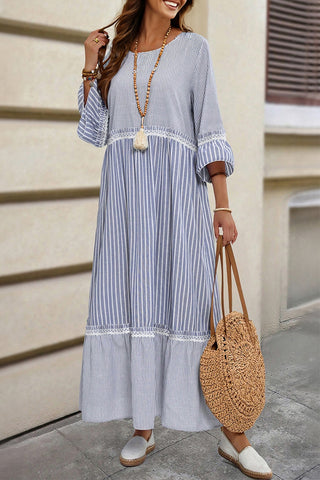 Stripe Patchwork Lace Detail Maxi Dress