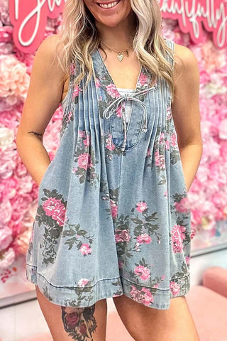 Pleated V-Neck Floral Romper