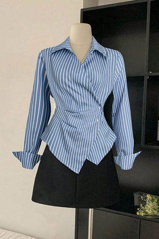 Striped Wrap Button-Up Blouse