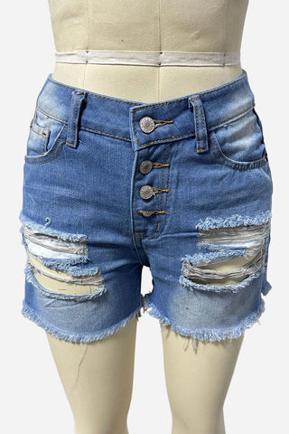 Distressed Button-Front Denim Shorts