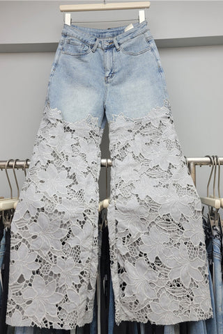 Lace-Trim Wide Leg Jeans