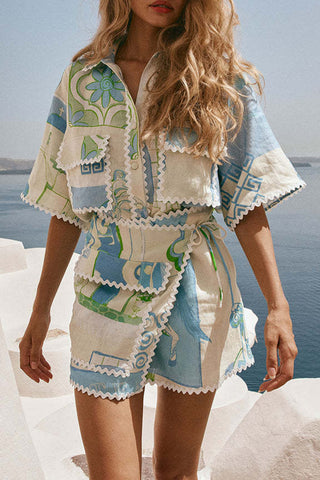 Belted Scarf Print Shirt Romper