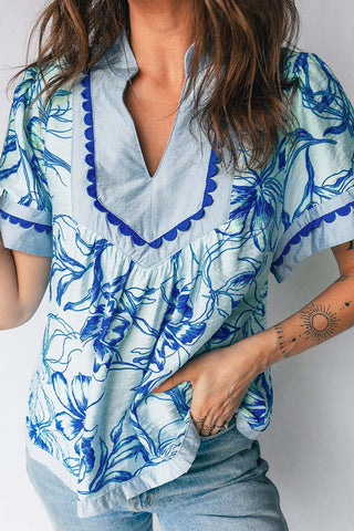Floral Patterned Blouse with V-Neck