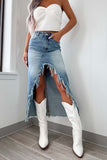 Distressed High-Low Denim Skirt